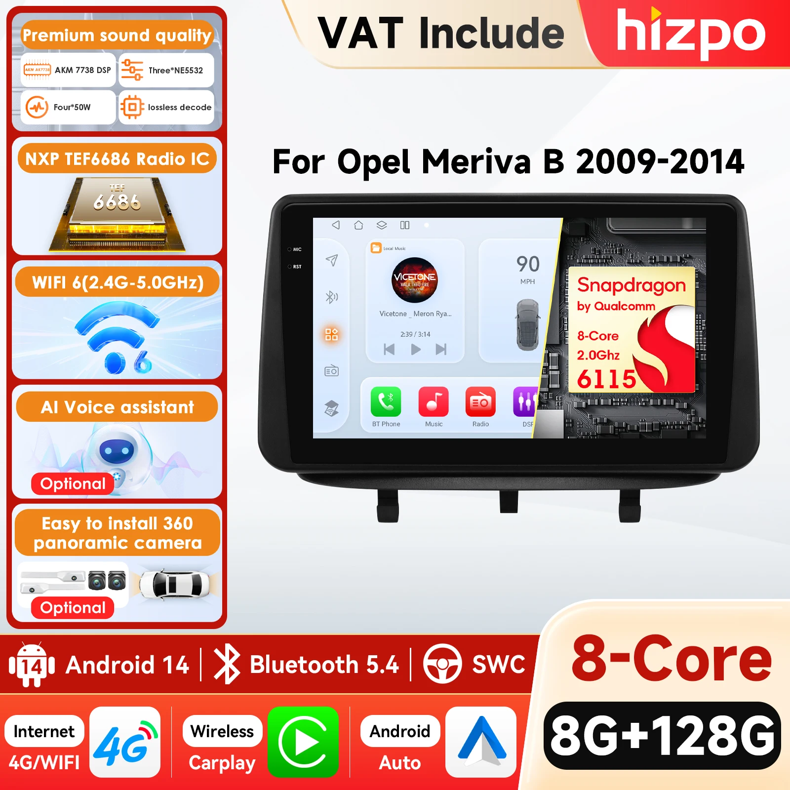 Hizpo 2Din 360Camera systèmes intelligents de voiture Android 14 autoradio pour Opel Meriva B 2009-2014 Autoradio multimédia Carplay 4G AI