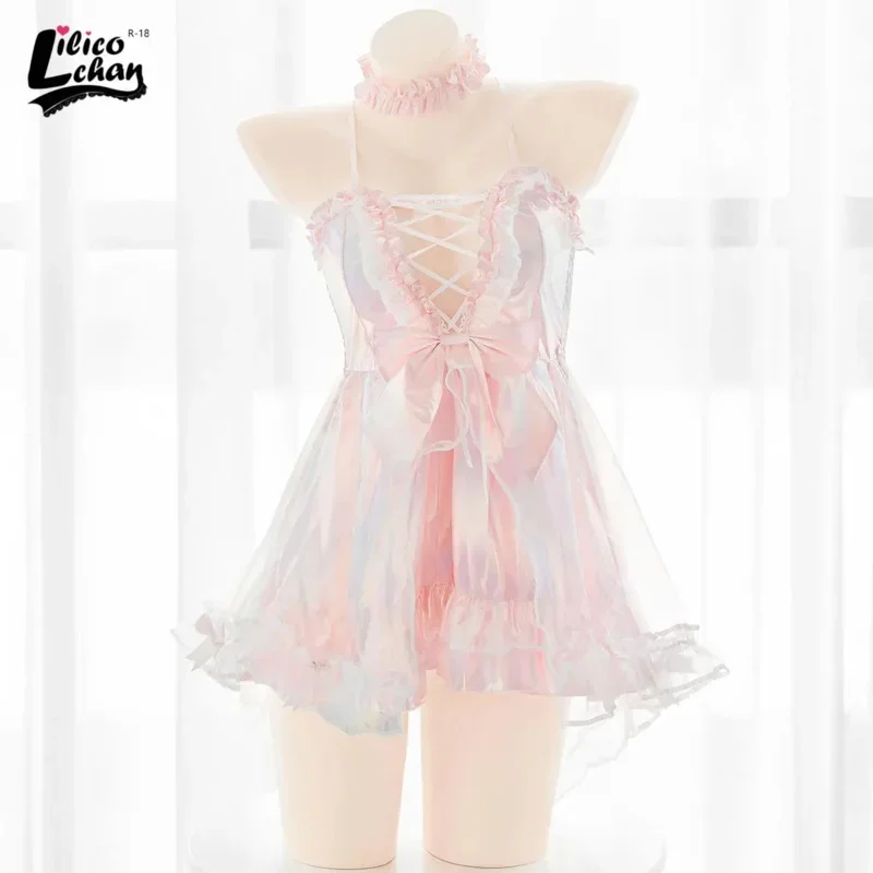 A Lilicochan cosplay costumes mermaid dress shiny laser pink kawaii outfit sexy hollow out chest sleepveless Lolita lingerie 202