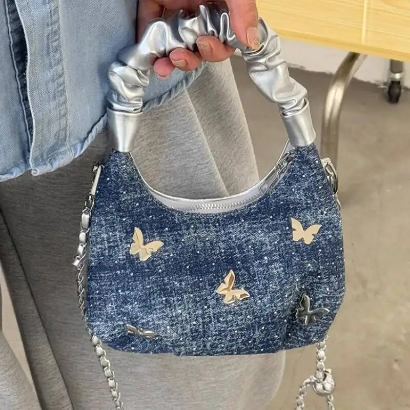 Y2k Sweet Butterfly Patchwork Top-Handle Bags Women Fairy Chain Shoulder Crossbody Bag Kawaii Cute Pleated Purses And Handbags