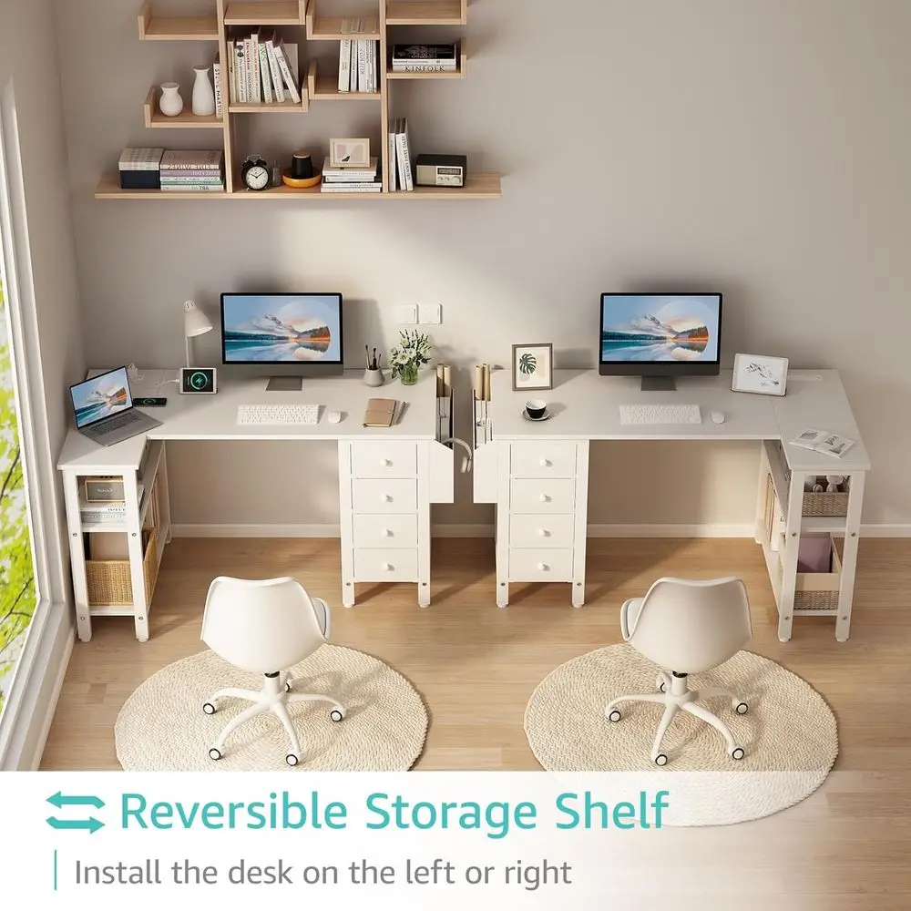 White L Shaped Computer Desk with Ders & Storage Shelves, 47 Inch Reversible Desk with Power Outlet or Home Oice Bedroom, L-Shap - view 4