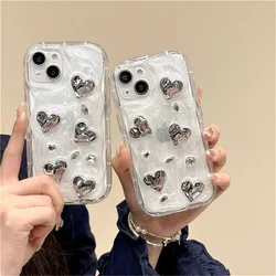 Korean 3D Love Heart Diamond Pink Gem Phone Case For iPhone 15 14 13 12 11 Pro Max XR XS Max Aesthetic Lens Protective Cover