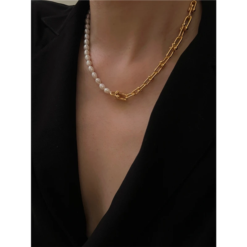 Brass With 18K Real Frewater Pearl Linked Necklaces Women Jewelry Punk Hiphop Designer Runway Simply Gown Boho Top Japan Korean