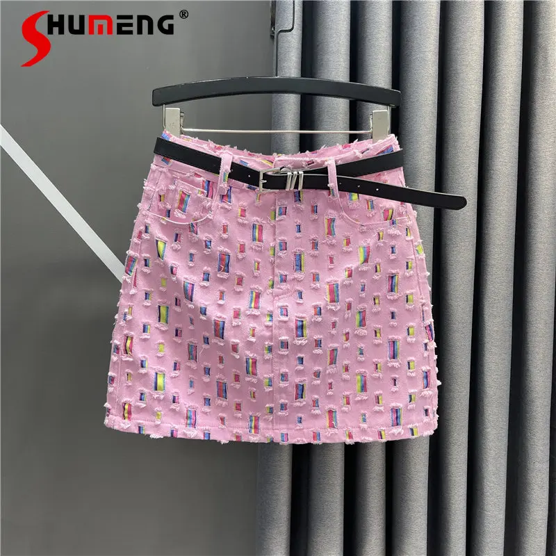 

Ripped Cool Colorful Denim Short Skirt for Women Ins Trendy 2023 Summer New High Waist Slimming A- Line Mini Pink Skirt