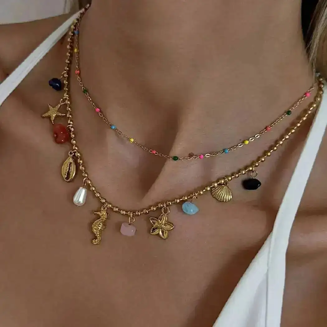 Salircon 2Pcs/Set Y2K Boho Stainless Steel Flower Starfish Seahorse Pendant Necklace Trendy Colourful Clavicle Chain Jewelry