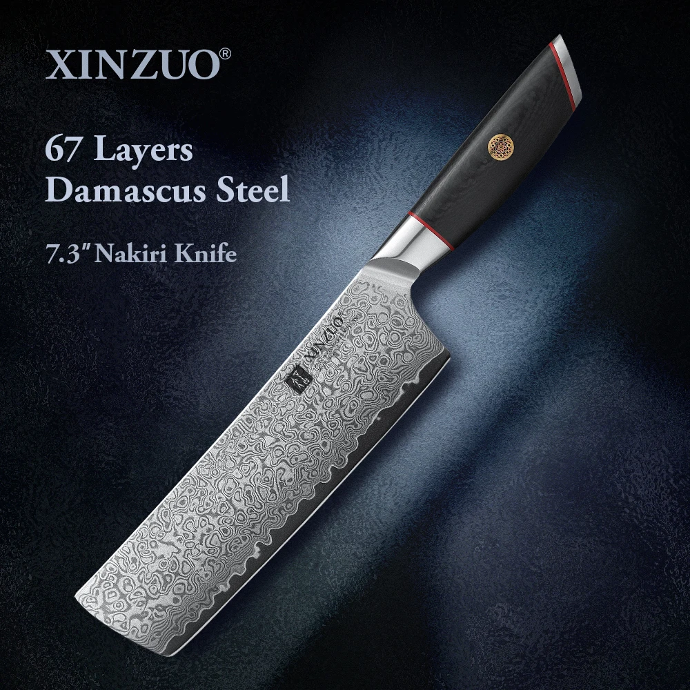 XINZUO 7,2” Nakiri-Messer mit G10-Fasergriff, Damaszenerstahl-Kochmesser zum Schneiden und Hacken von Rindfleisch, Küchenmesser, Kochwerkzeuge