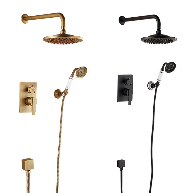 In Wall Antique Shower Set Wall-mounted Black Brushed Brass Bathroom Faucet Ceramic Base Handle Round Shower System