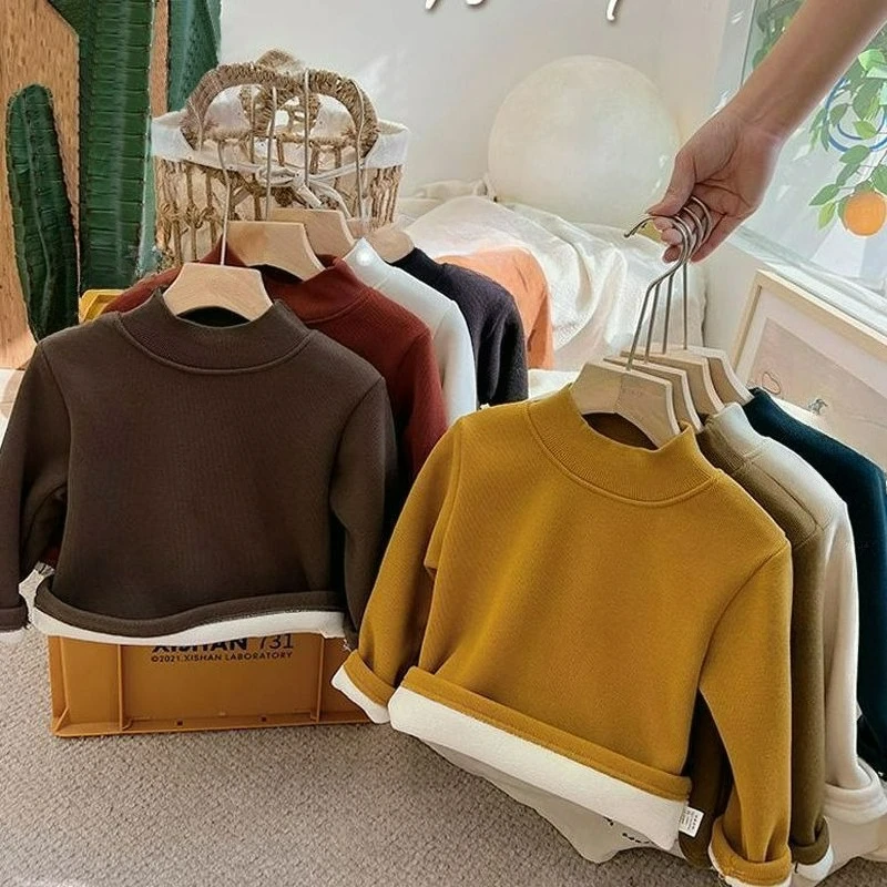 Children's Plush Semi High Neck Bottom Hoodie Autumn and Winter Casual Unisex Baby One-piece Fleece Inner Top Trendy