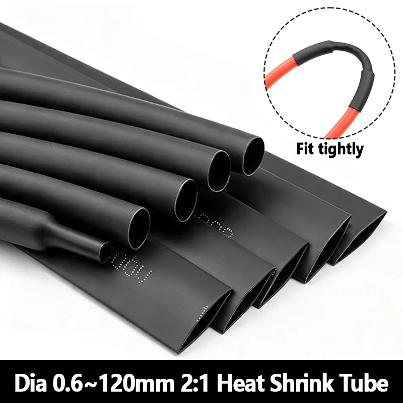 2:1 Schrumpfschlauch 1/2/5M Schwarz Durchmesser 0,6mm~120mm Kabelreparatur-Schutz Polyolefin Isolierte Schrumpfbare Kabelummantelung
