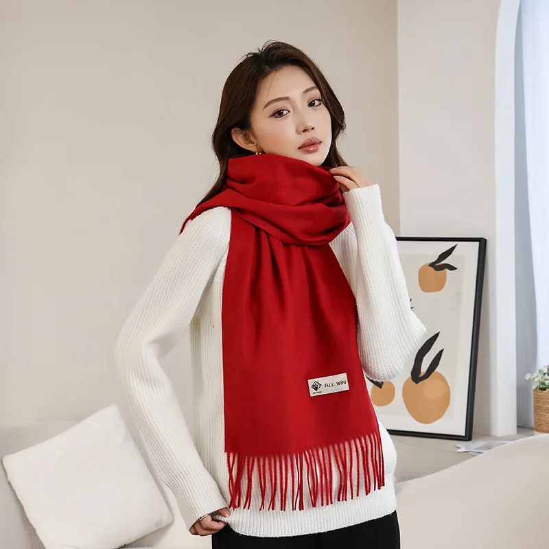 Thickened Wool Scarf, Lengthened Winter Warm and Fashionable Red Solid Color Sheep Wool Shawl length 68 * 200cm