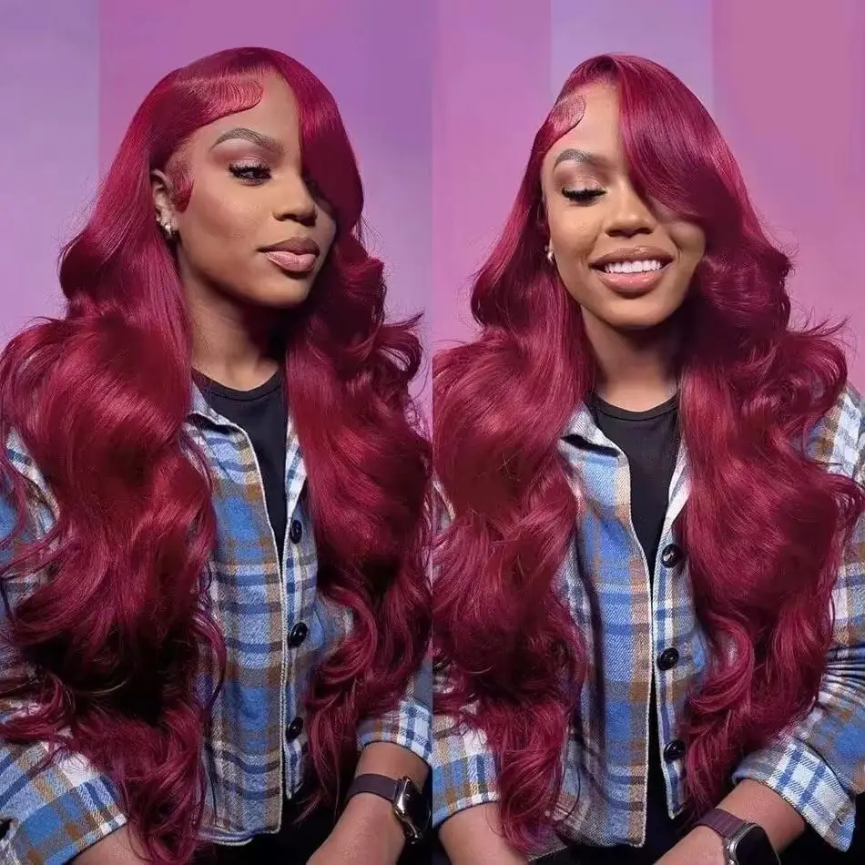 99J Human Hair Wigs Body Wave 200% Density 40 Inches 13x6 13x4 HD Transparent Invisible Lace Frontal Wig Burgundy Pre Plucked Pre Cut Lace Pre Bleached Knots Pre Styled For Women Brazilian Hair