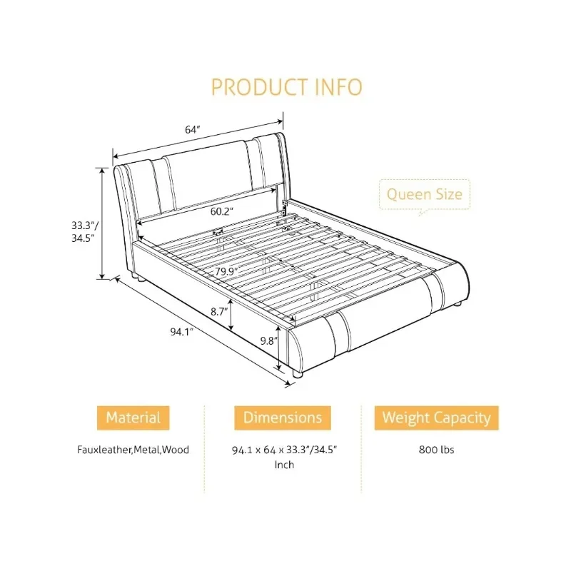 Marco de cama de plataforma con piezas de hierro, decoración y cabecero ajustable, tapizado de lujo, cama moderna con listones de madera maciza