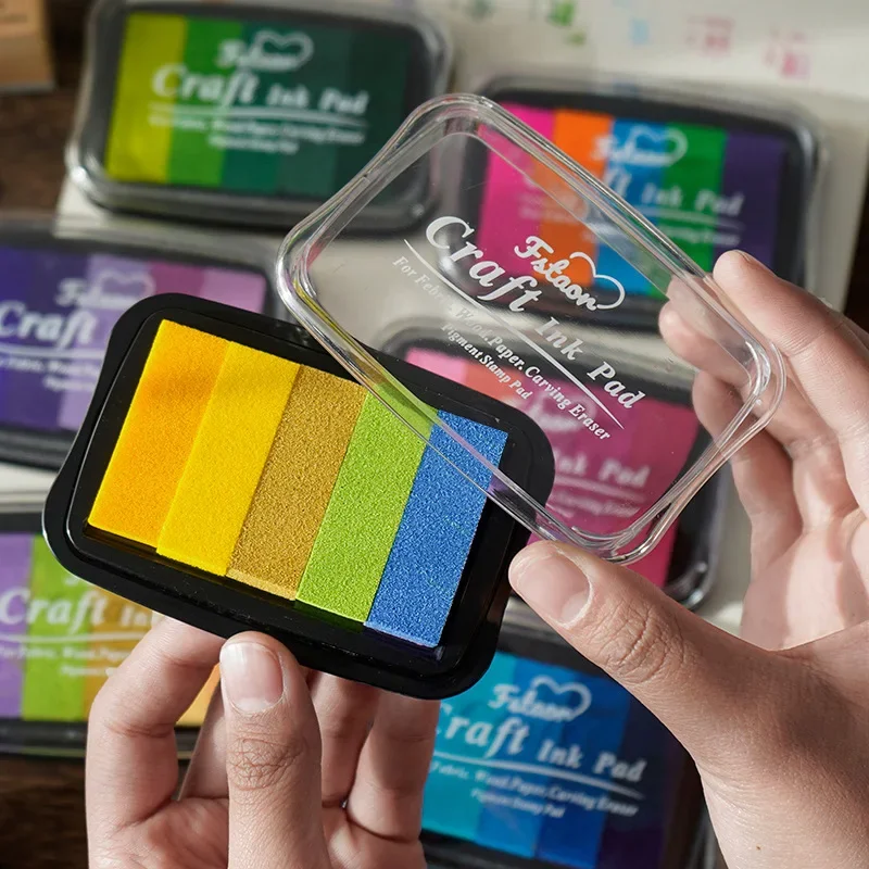 1Pc Retro 5-Color Gradient Craft Ink Pad - Vibrant Green, Blue, Pink, Purple & Orange-Yellow, Square Plastic Pad for Journaling