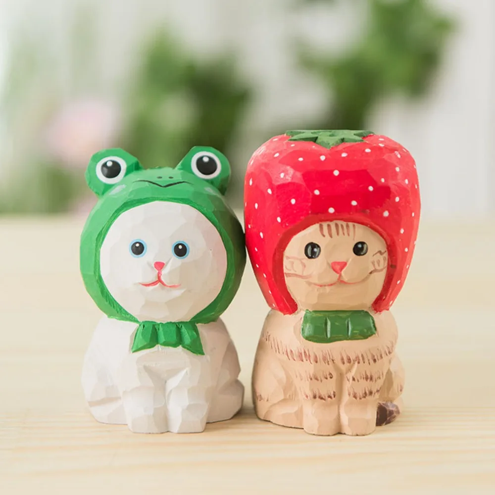 Solid Wood Wood Carving Cat Ornament Simple Style Small Painted Cartoon Cat Sculpture Handmade Cute