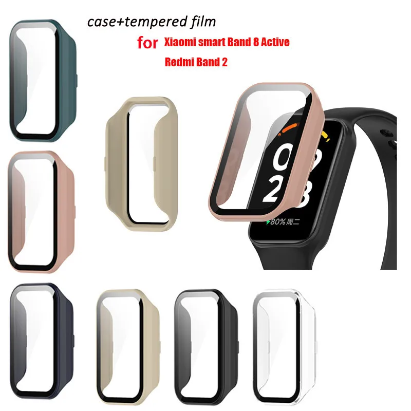 2 in1 Case For Redmi Band 2 Xiaomi Smart Band 8 Active Hard PC Cover Case + HD Slim Tempered Glass Anti-scratch Screen Protector