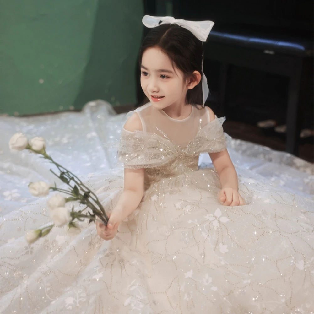 Luxury Sequined Off The Shoulder A-line Princess Gown For Birthday Party Graceful Long Dress Withh Train For Kids Performance