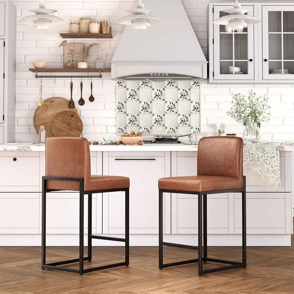 

Set of 2 Brown Leather Kitchen Counter Stools with Backrest and Upholstered Seat, Sturdy Chrome Metal Base