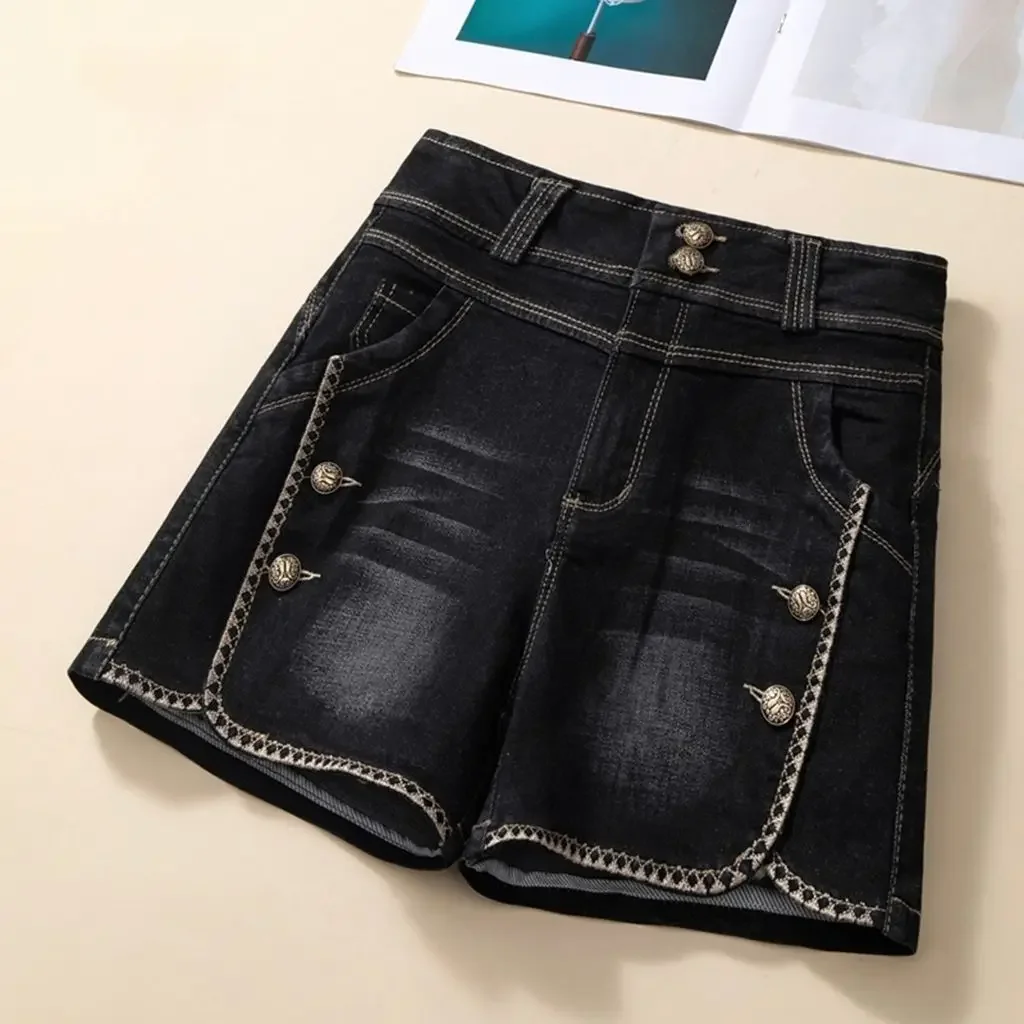 Verão feminino shorts calças senhora cintura alta solta alta rua denim calças femininas streetwear preto cinza perna larga calças de brim curtas a715