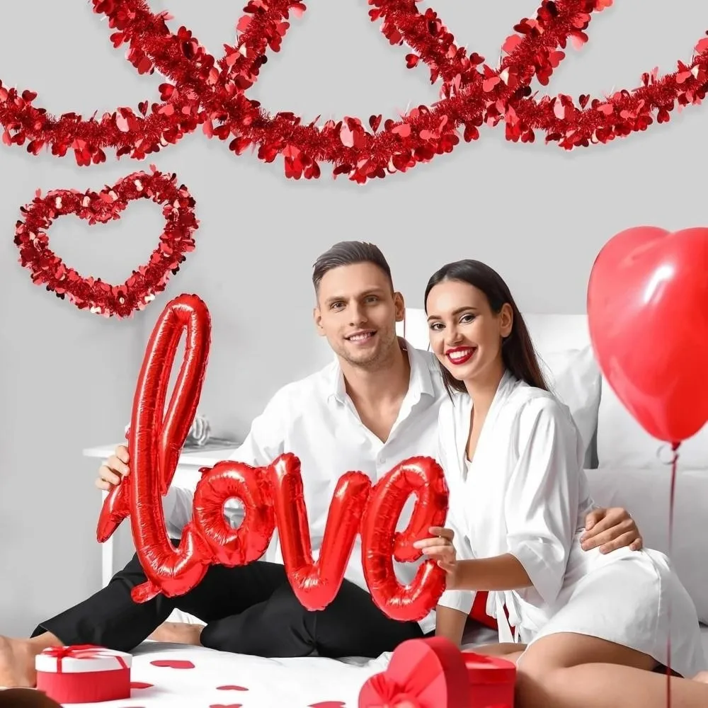 Guirnalda de Corazones de 5 Metros con Lentejuelas, Copos de Nieve y Cupido, Dios del Amor, Decoración Colgante para San Valentín