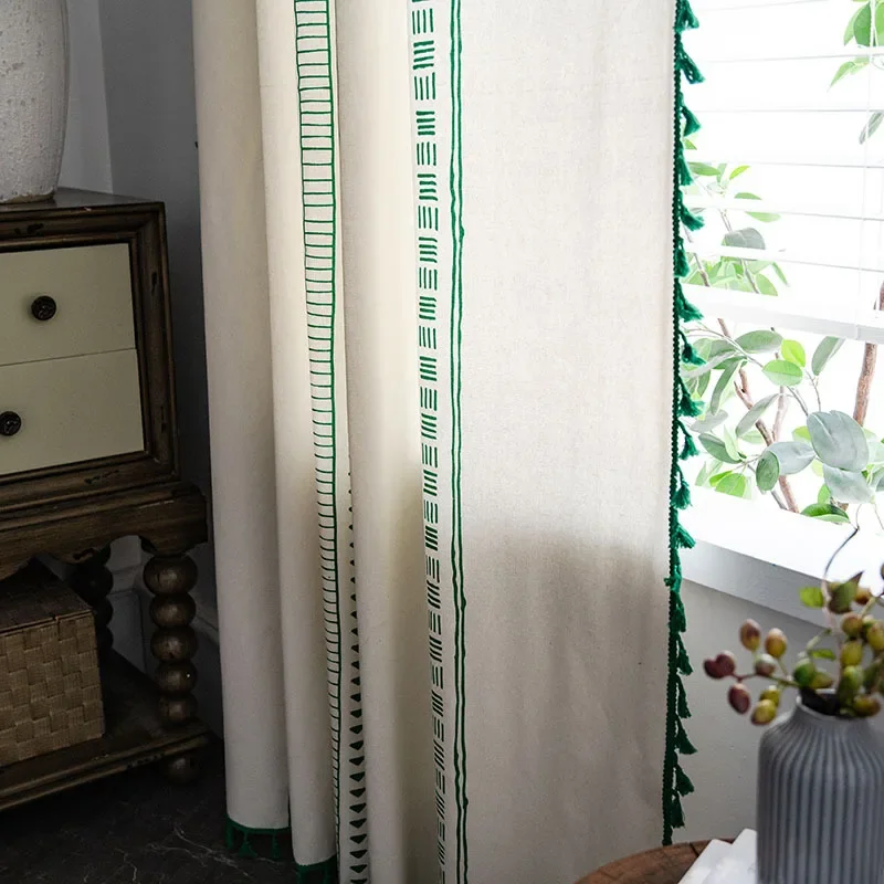 

Cotton Linen Boho Green Stripe Window Curtain with Tassels Blackout Valance for The Luxury Living Room Curtains for Living Room