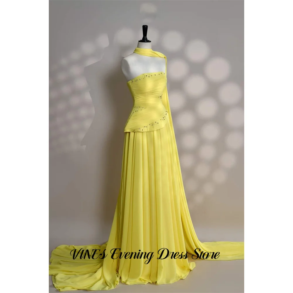

VINES Lemon Yellow Party Dress Strapless فساتين السهرة Ruched Night Dress Flowy Chiffon Train Prom Dress Customized