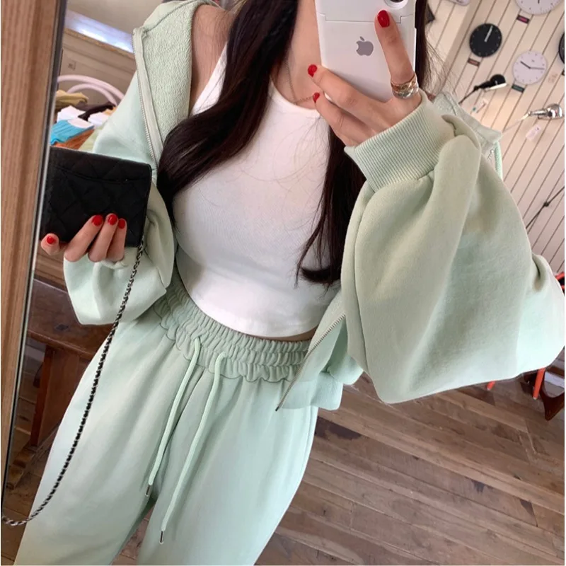 

East Gate Retro Faion Color Zipper Hoodie Loose Sweatpants Casual Wear Women's Set Two Pieces Comfortable Street Sle