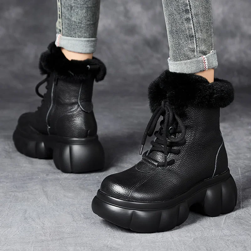 6.5CM New 2024 Design Women Thick Bottom Snow Boots Winter Warm Thick Plush Fur Round Toe High Heel Platform Retro Casual Boots