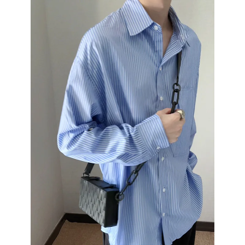 Blue Long Sleeved Shirt Men Fashion Society Mens Dress Shirt Korean Loose Casual White Striped Shirt Mens Office Formal Shirts