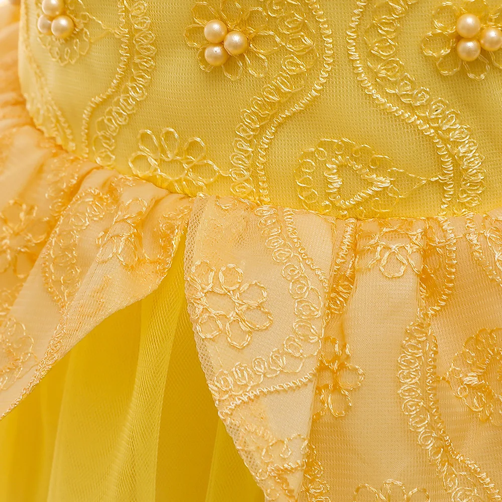 Robe de Princesse en Maille Jaune pour Fille, Bouffante, en Dentelle, Costume de la Belle et la Bête, Vêtements d'Halloween