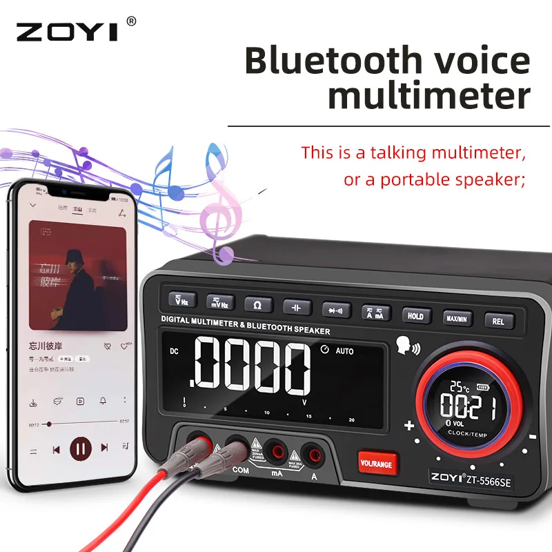 ZOYI Wireless Bluetooth Speaker Digital Multimeter AC/DC Current Voltage Temp Meter Auto Range APP Multimetro Tools Alarm Clock