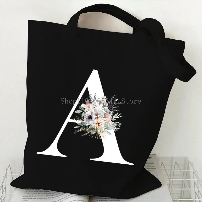 Fashion Shoulder Bag Aesthetics Wildflower 26 Alphabet A B Graphic Shopping Bags Vintage Letter Foldable Canvas Women\'s Handbags