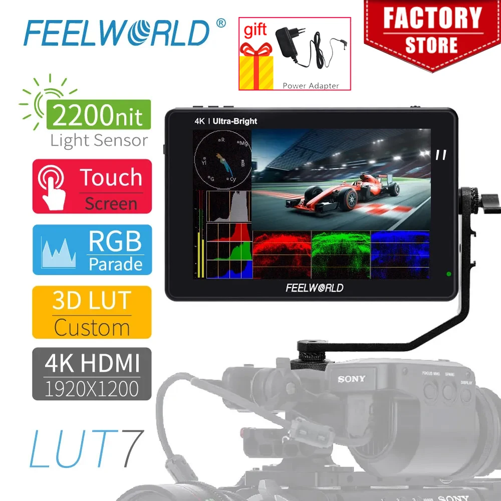 FEELWORLD LUT7 7 Inch 3D LUT 2200nits Touch Screen DSLR Camera Field Monitor with Waveform VectorScope Histogram