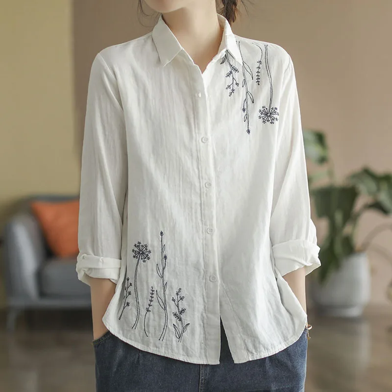 2023 Spring Long Sleeve Pure Cotton Women\'s Clothing New Vintage Embroidered Female Tops Loose All-match Button White Shirt