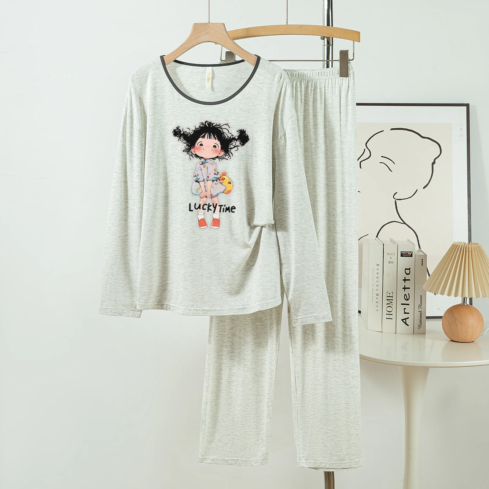 5181-302 بيجامة قطنية كاجوال ومريحة للنساء، سراويل طويلة جديدة للربيع والخريف بأكمام طويلة بلون سادة كاجوال