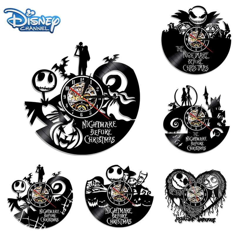 Nightmare Before Christmas Vinyl Record Wall Clock for Home Theater Movie Room Decor Cartoon Characters Halloween Clock Gift Toy