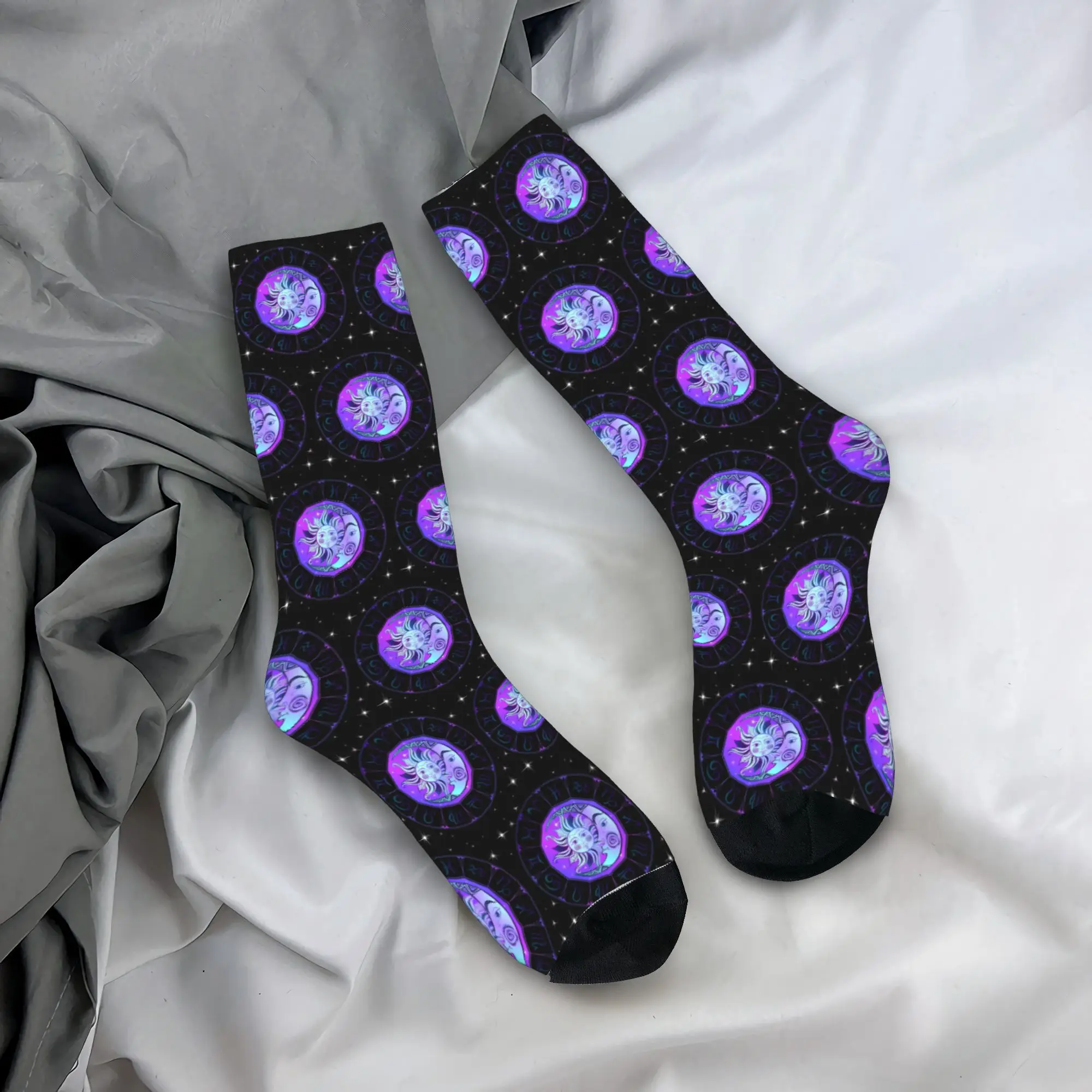 Zodiac Wheel Space Purple Socks Harajuku Sweat Absorbing Stockings All Season Long Socks Accessories for Unisex Christmas Gifts