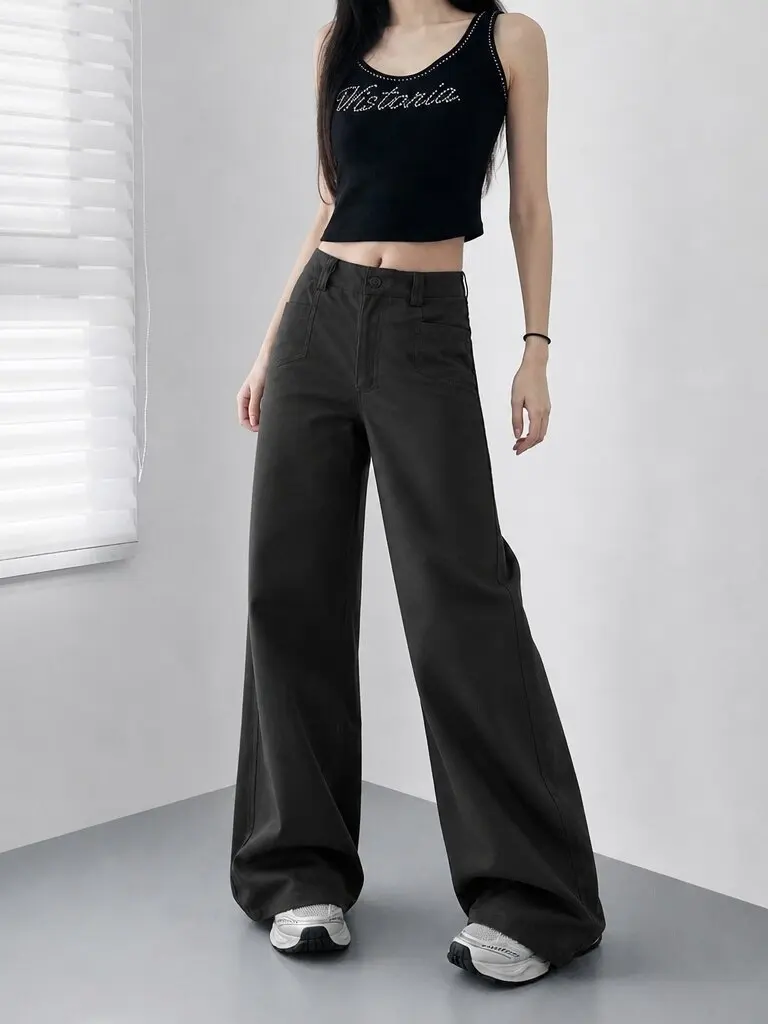 High Waist Wide Leg Pants Women's Spring Autumn Style Windproof Straight Cut Floor Length Slimming Concealing Black Trousers