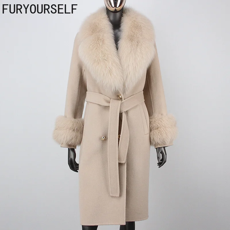 

FURYOURSELF 2023 Winter Jacket Women Natural Fox Fur Collar Cuffs Real Fur Coat Cashmere Blends Wool Double Breasted Outerwear