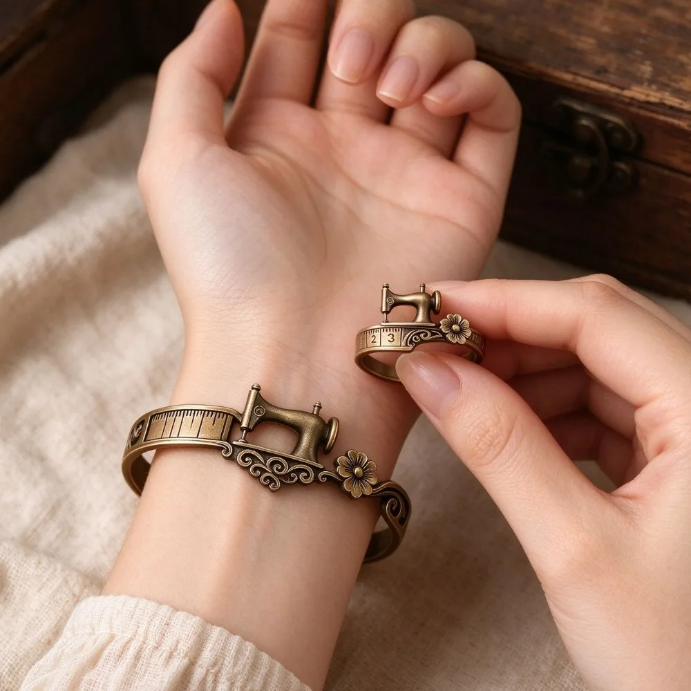 Vintage Sewing Machine Bracelet & Ring Set, Adjustable Open Cuff Metal Jewelry for Party Anniversary Gift