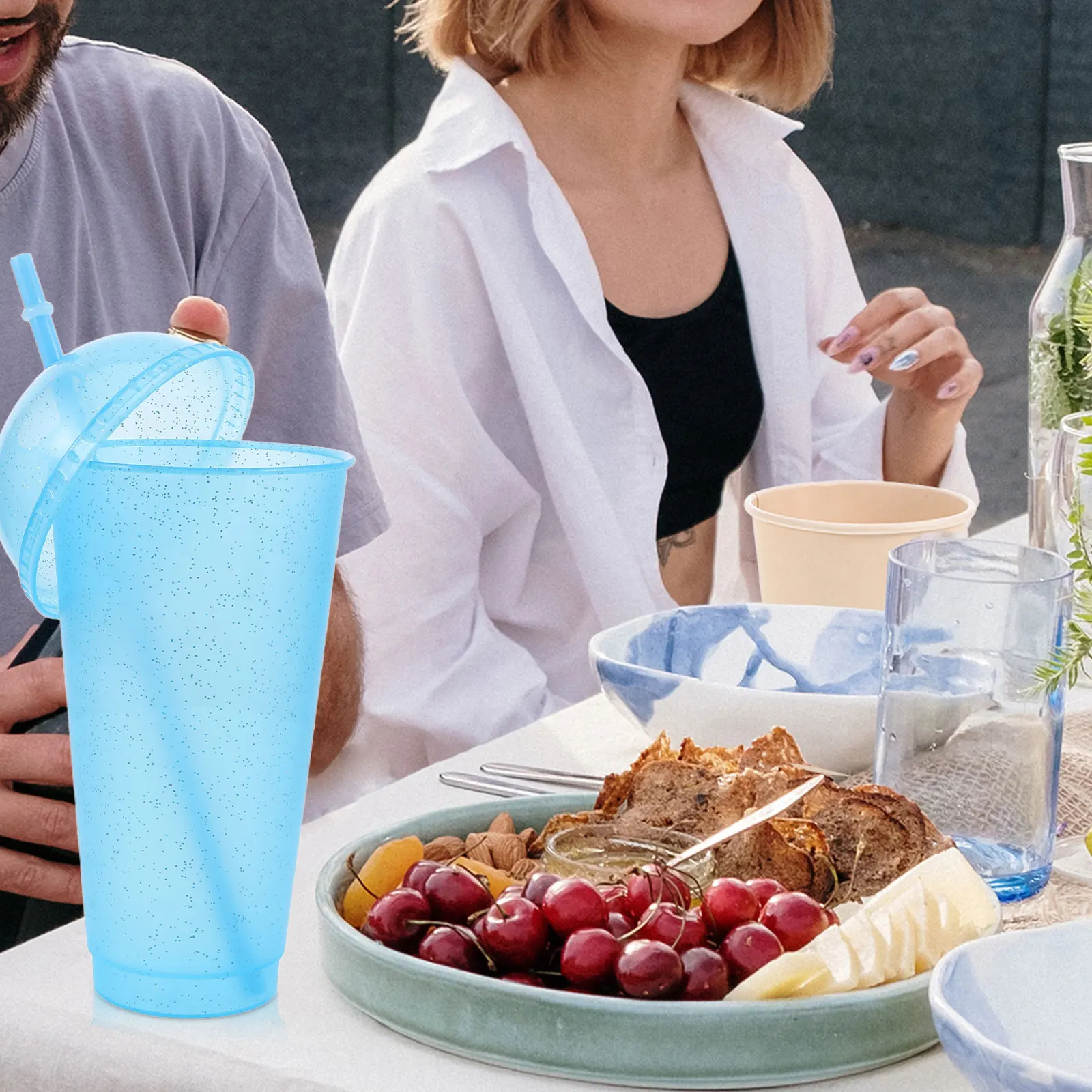 

5pcs Plastic Cups with Dome Lids Straw Fashionable Kids Smoothie Tumbler Iced Coffee Jelly Cup Drinkware Party Supplies