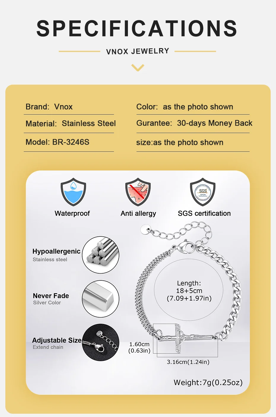 Vnox Herren Edelstahl Jesus Kruzifix Kreuz Armband Verstellbare Panzerkette Religiöser Schmuck Geschenk für Männer – Detail 4