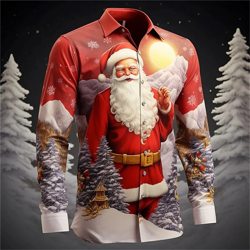 Fashion Christmas Style Long Sleeve Shirts Casual Lapel Men's Shirt Funny 3D Santa Claus Print Tees New Year Tops X'mas Clothing