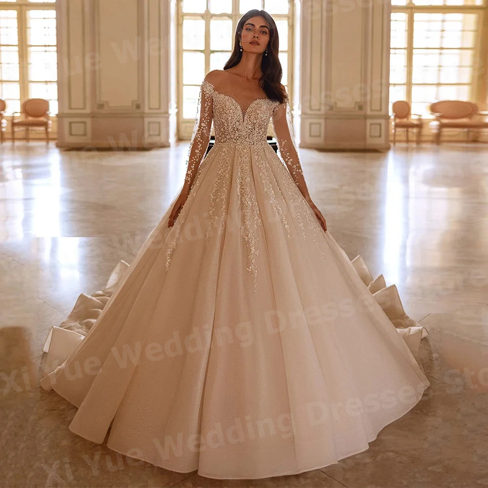 ประกายสายชุดแต่งงานของผู้หญิงลูกไม้ไข่มุก Ball Vestido De Novia เจ้าสาว Gowns ที่กําหนดเองแขนยาว Vestido