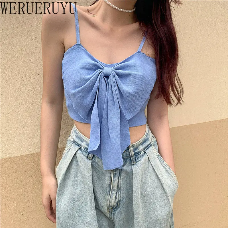 Summer Bow Crop Top Women Y2k Streetwear Clothes Korean Fashion Vest Blue White Pink Sleeveless Cute Tank Tops for Woman 2023