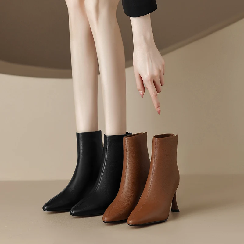

Новинка 2026, осенне-зимние женские ботильоны из натуральной кожи, короткие ботинки из воловьей кожи высотой 22-24,5 см с острым носком на тонком высоком каблуке