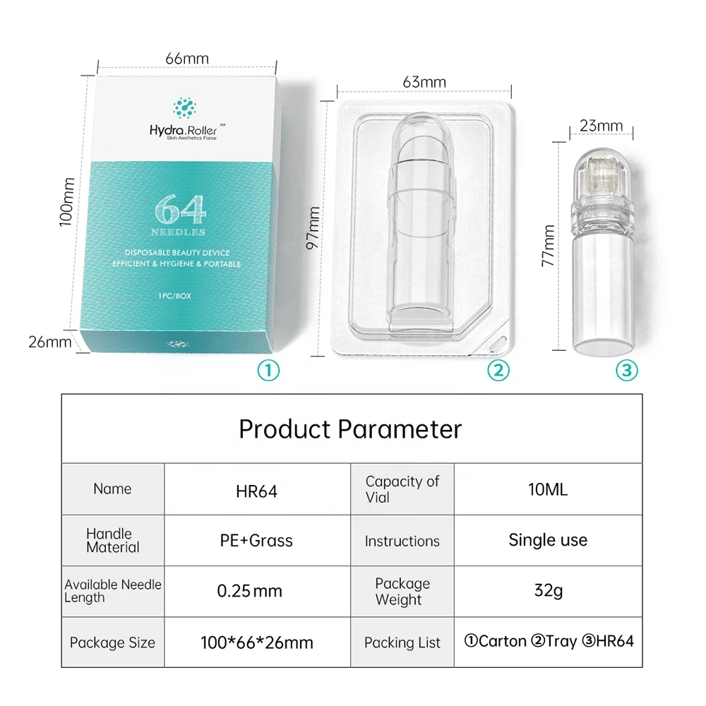 Hydra rulo 64 pins titanyum Microneedle rulo ve yüz sakal saç büyüme için Microinfusion Serum aplikatör-Derma rulo