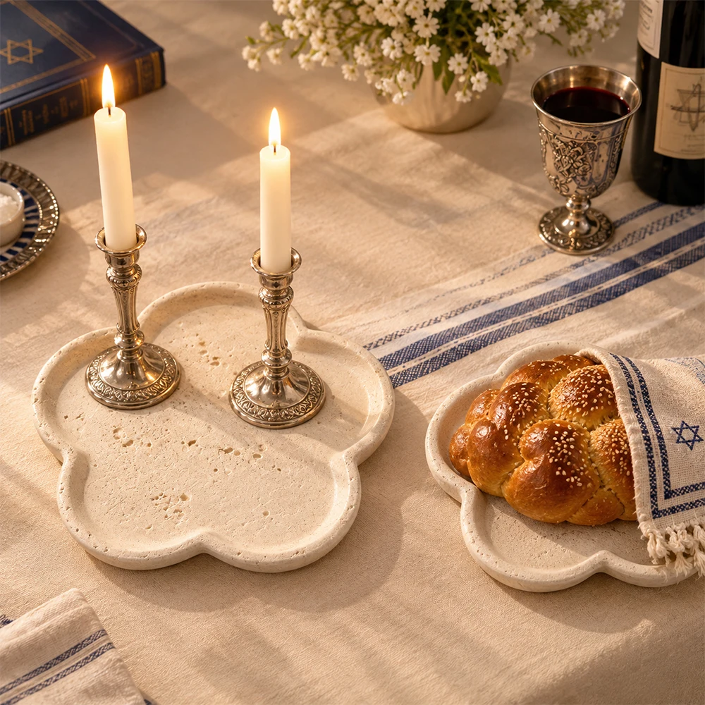 Natural Travertine Flower Tray Silicone Mold, Shabbat Candle Holder Tray Challah Bread Plate Mold, DIY Dish for Jewish Festival