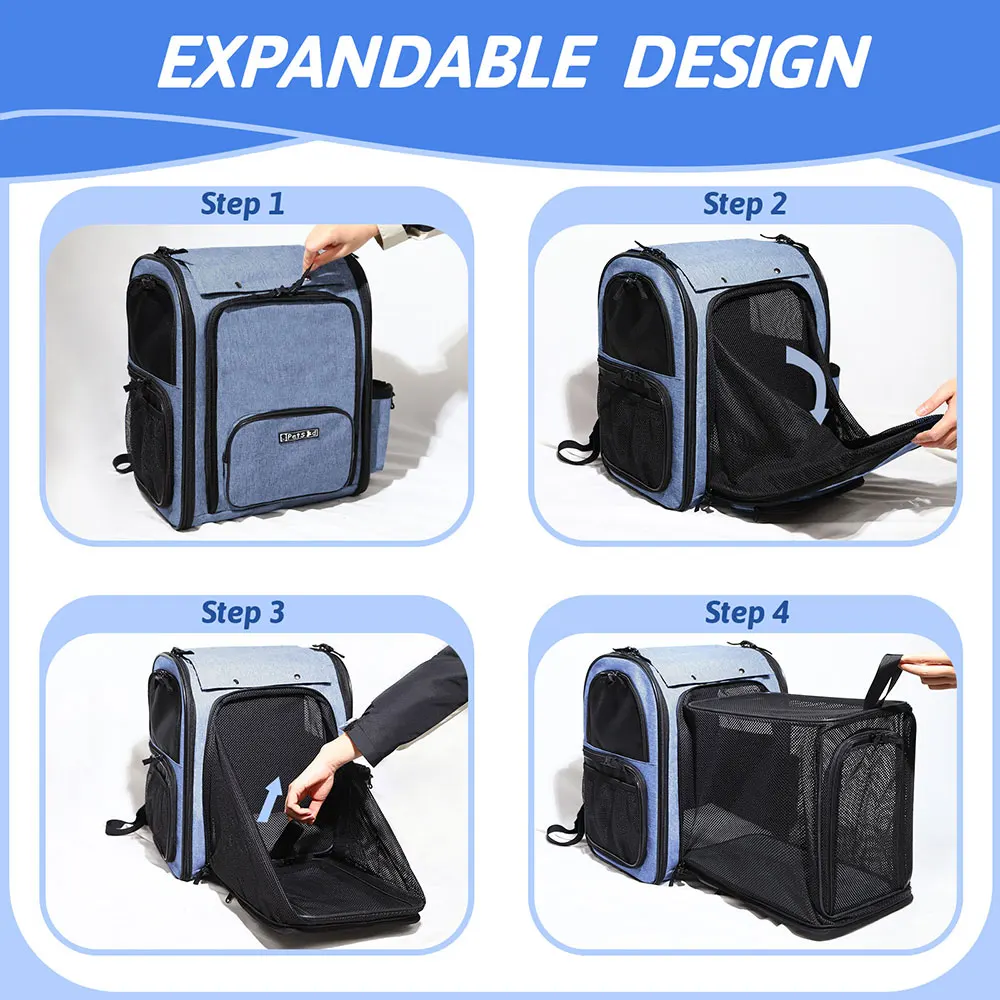 Pet Backpack Expandable Foldable Cat Carrier for Small Medium Dog and Cat Transport Dog Bag Large Space Pets Carrier with Zipper