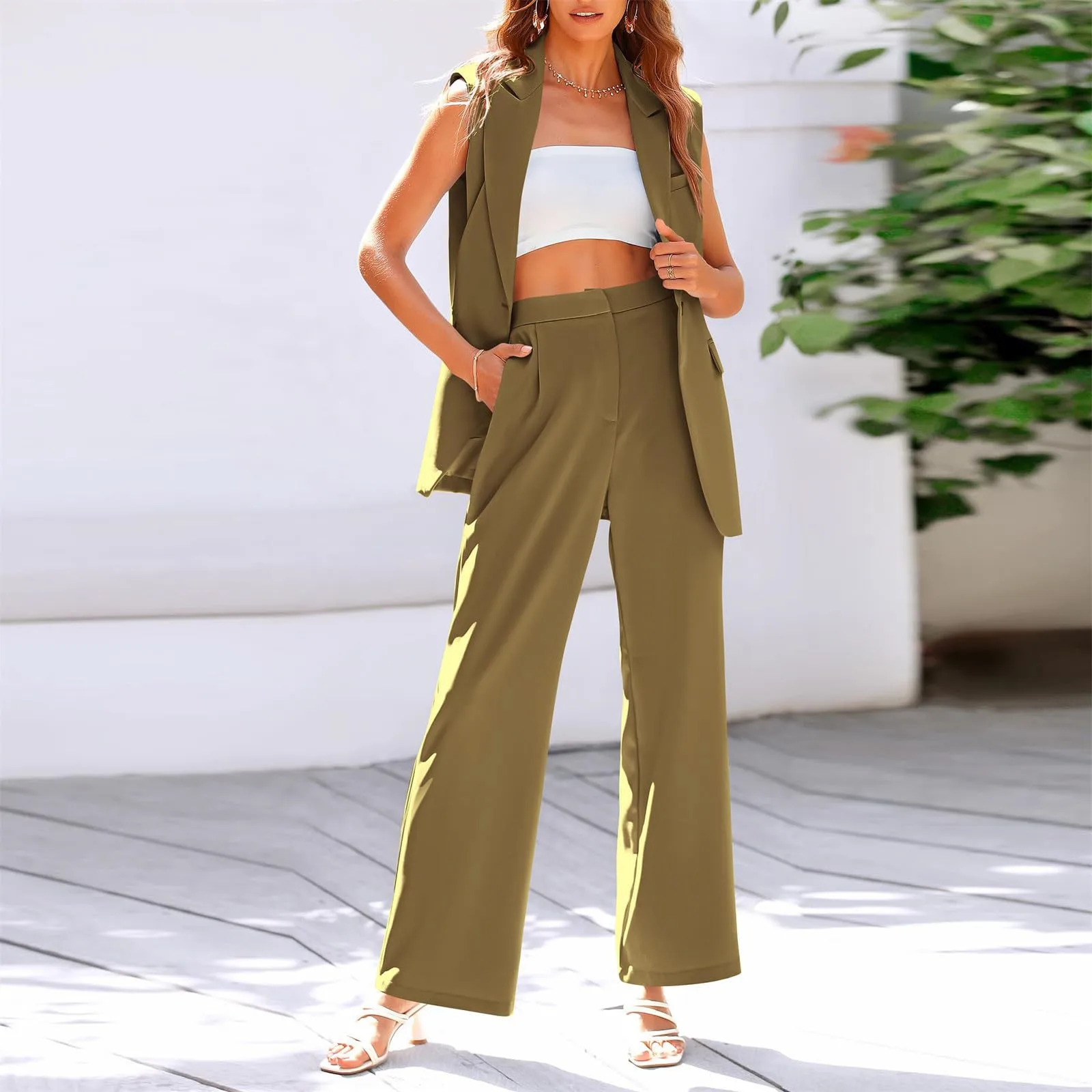 Women\'s Office Trousers Suit 2024 Summer V-neck Sleeveless Buttons Vest Tracksuit Two Piece Set for Women Wide Leg Pantsuit