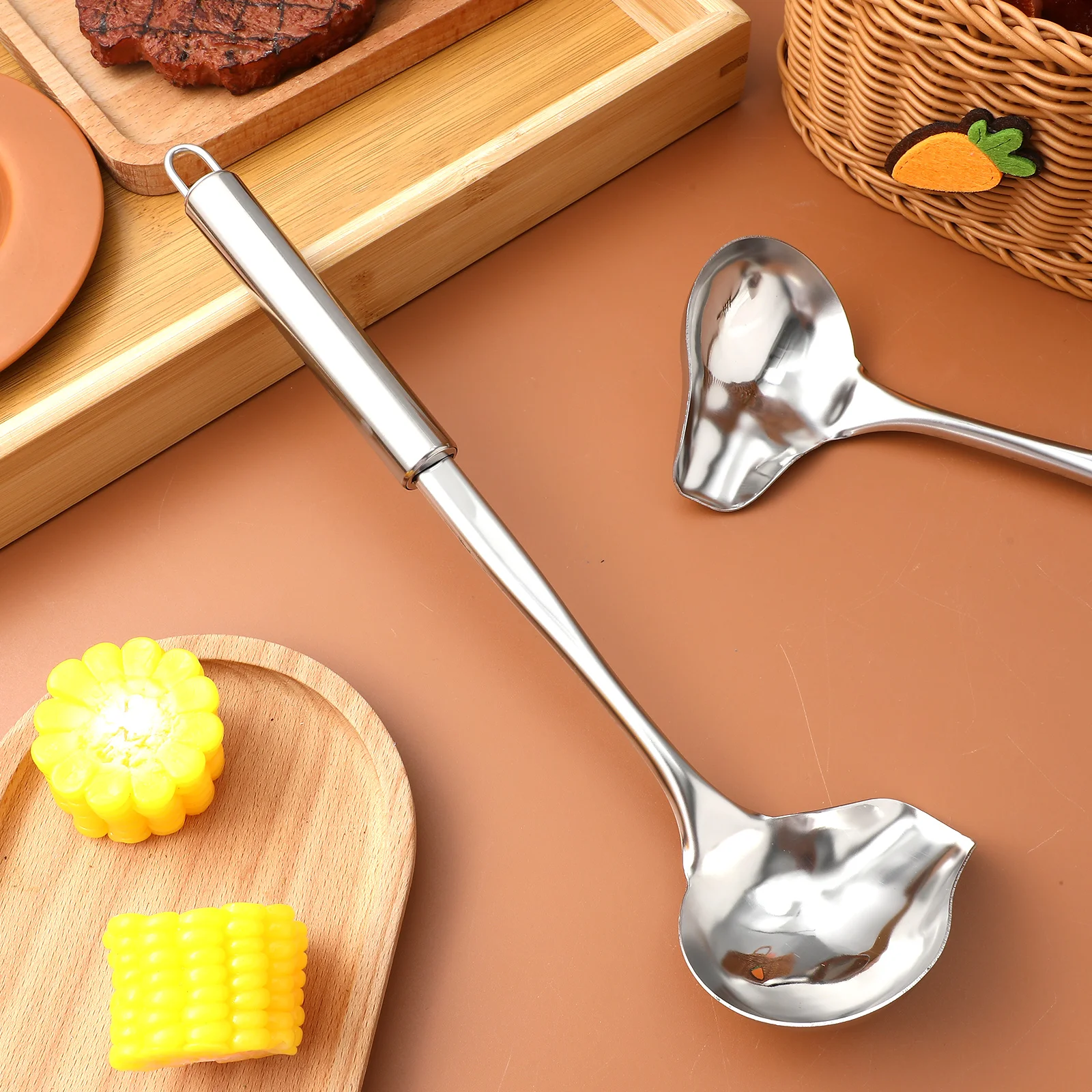 

2 Pcs Stainless Steel Oil Spoon Pouring Spout Sauce Ladle for Gravy Soup Serving Ladle Spoon Kitchen Gadgets Hangable Design