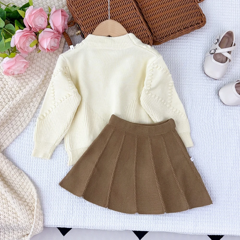 Bear Leader Winter Cute Bow Tie Sets Round Neck Long Sleeved Sweater+A-line Skirt Korean Version College Style Girls Clothes